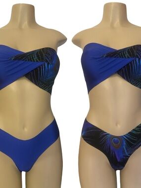 Raw edge blue  Peacock-Print Bandeau Cutout Women's Swimsuit